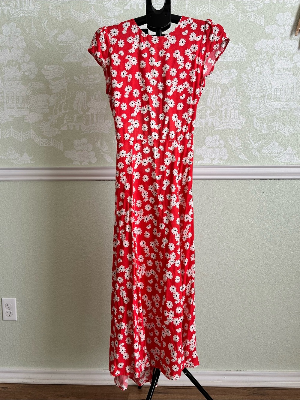 Reformation Red Floral Midi Dress with White Daisies